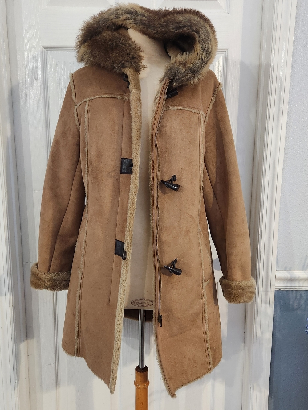 Chadwicks Tan Shearling Hooded Toggle Coat